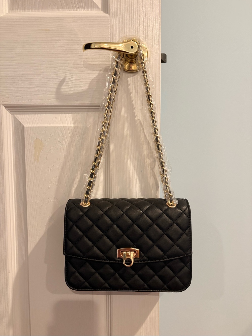 Quilted Black Chain Shoulder Bag with Gold Hardware